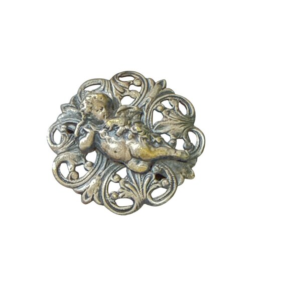 Victorian Cherub Belt Buckle Half Ornate Angel Scroll Metal Fastener Antique Jew - Picture 9 of 11